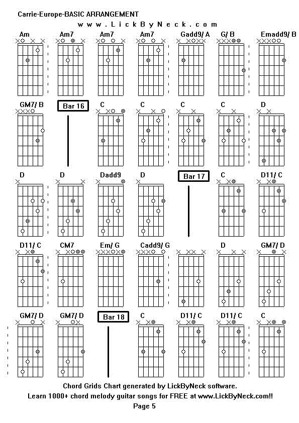 Chord Grids Chart of chord melody fingerstyle guitar song-Carrie-Europe-BASIC ARRANGEMENT,generated by LickByNeck software.